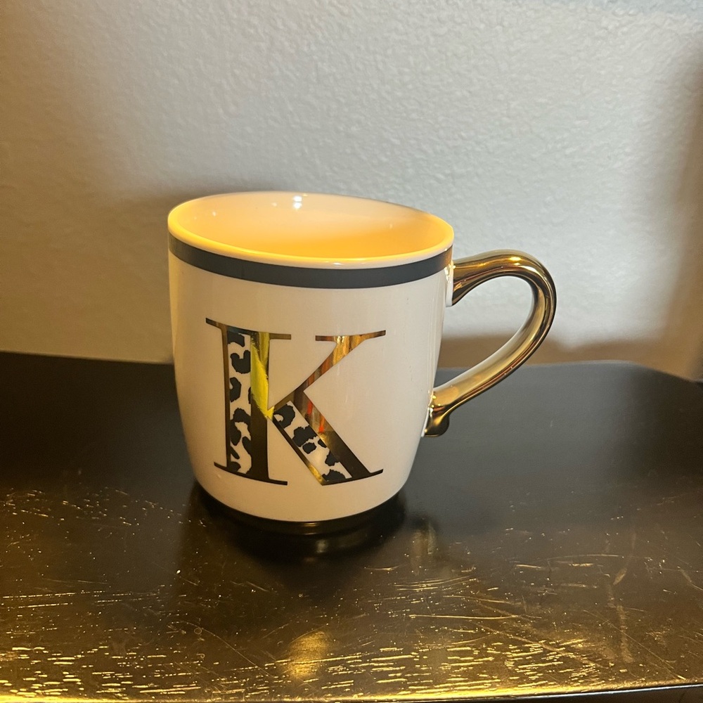 Monogrammed “K” White Mug with Gold Handle